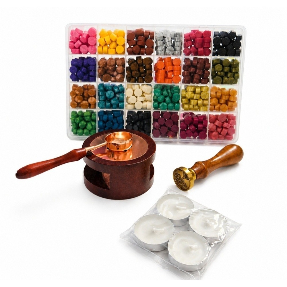 Wax Seal Stamp Kit w/ 24 Color Wax Beads Spoon & Candles Complete Sealing Set